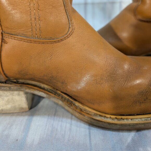 Vintage Tan Leather Safety Toe Pull-On Cowboy Boots with Vibram Soles main image 3